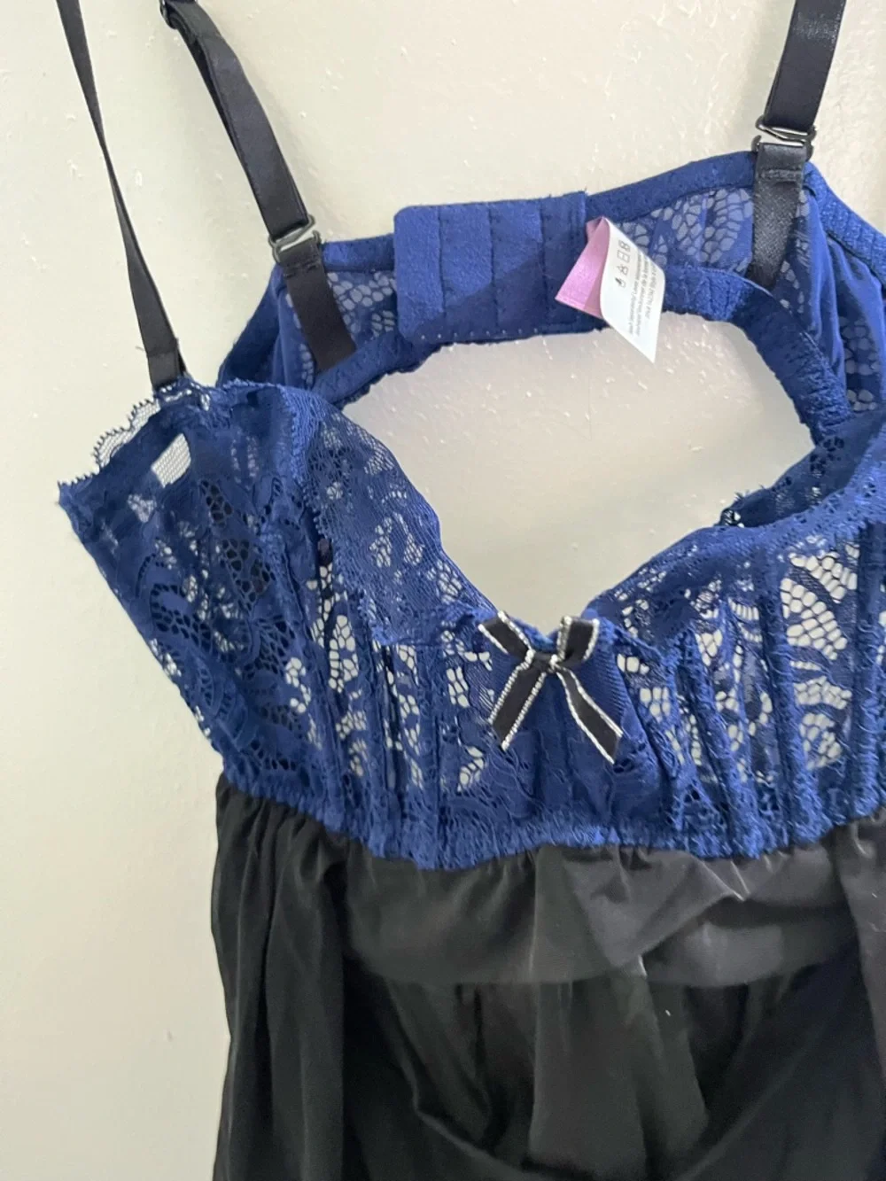 Adore Me Sheer Black Babydoll Chemise with Navy Lace Bust - Picture 3 of 10